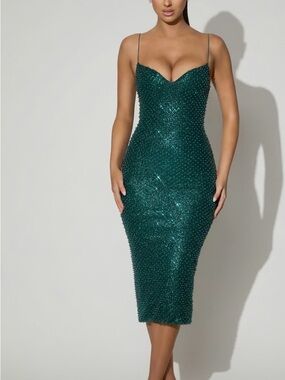 Oh Polly Teal Beaded Bodycon Midi Dress